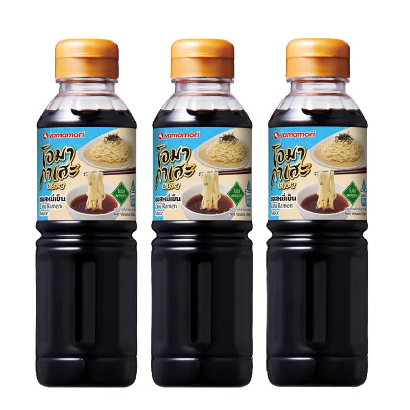 Omakase Zaru Ramen Sauce 200ml bottles, three-pack, dry grocery product with Japanese-style ramen sauce bottles on a white background.