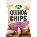 Eat Real Quinoa Chips with sundried tomato and roasted garlic flavor, showcasing crispy snack chips in a natural setting