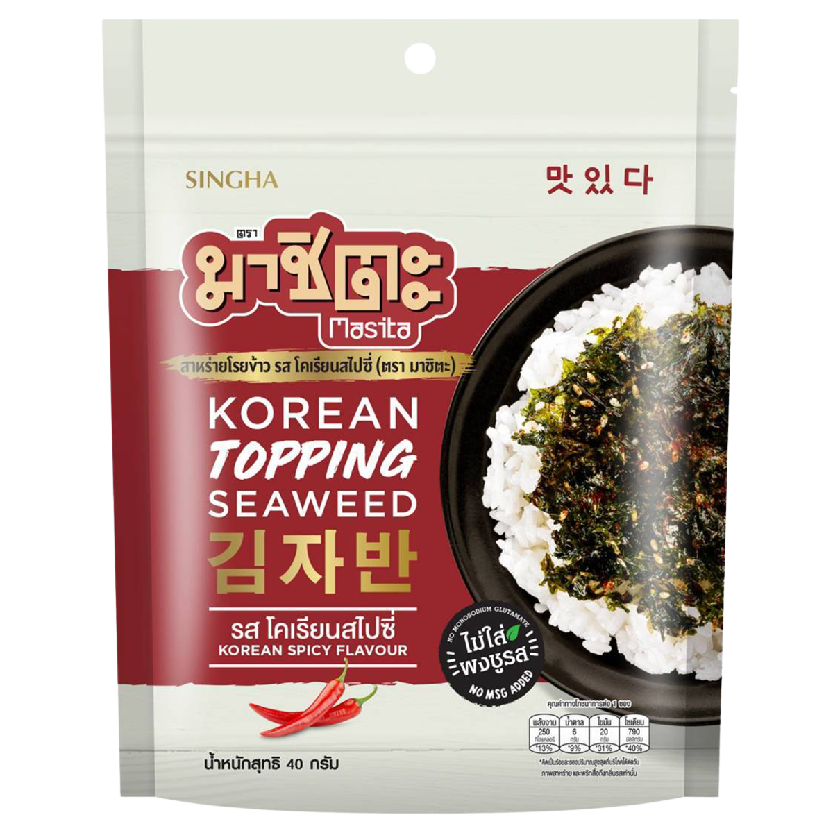 Masita Korean spicy seaweed topping snack in a colorful package, showcasing crispy seaweed pieces with red pepper flakes.
