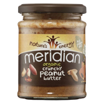 Jar of Meridian Organic Crunchy Peanut Butter with visible chunky peanut pieces on a white background.