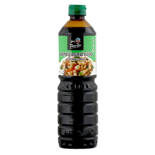 Deksomboon Seasoning Sauce with green cap, 950ml bottle, used for enhancing flavor in cooking and dry grocery recipes.