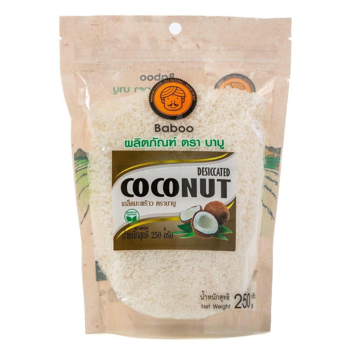 Baboo Coconut Flakes confectionery snack in a clear bowl, showing toasted coconut flakes with golden brown color