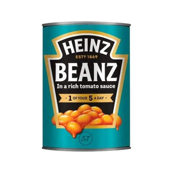 Heinz Baked Beans in Tomato Sauce gluten-free cans, 415g each, stacked in a box, ready for cooking or serving.