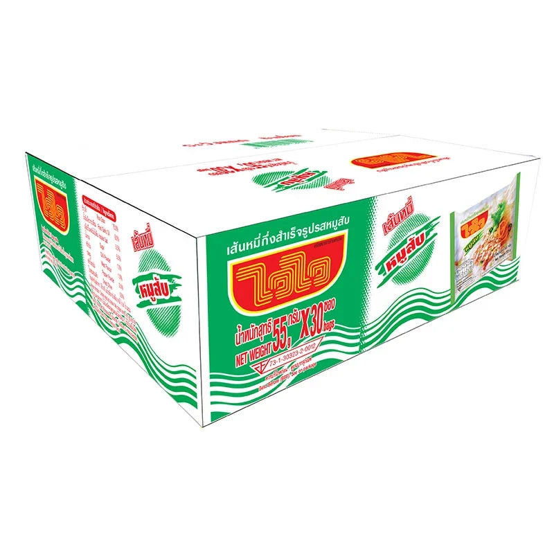 Waiwai Vermicelli Minced Pork 55g pack, dry grocery product, with uncooked vermicelli noodles and minced pork in clear packaging