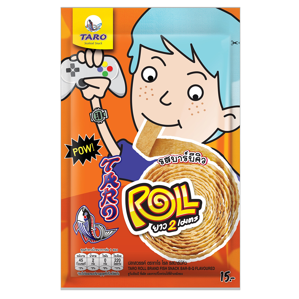 Taro Roll Fish Snack Bar-B-Q, a confectionery snack by Taro, showing crispy, glazed taro and fish snack in bright packaging.
