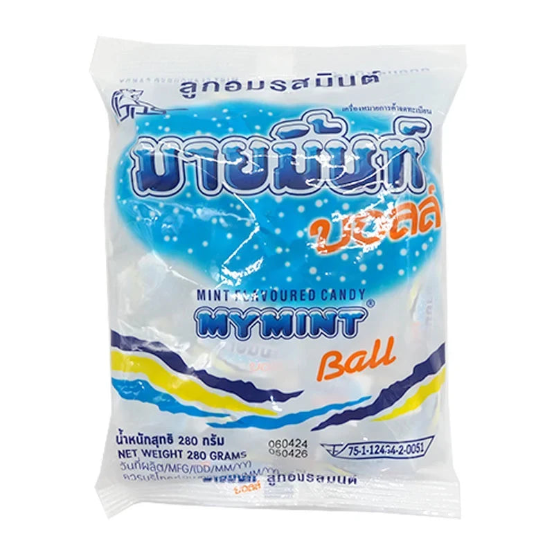 Close-up of MYMINT Ball Candy Mint in colorful wrapper, showing shiny, round mint candies ready for snacking.