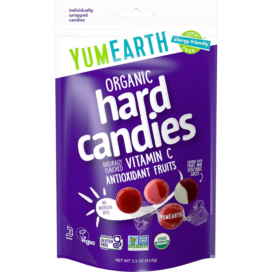 YumEarth Organic Vitamin C Fruit Drops candies featuring colorful fruit-shaped confectionery snacks in bright packaging