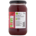 Glass jar of Sainsbury's seedless raspberry jam with a golden lid, showcasing the vibrant red jam inside.