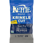 Kettle Krinkle Cut Salt and Fresh Ground Pepper snack bags, crunchy confectionery snacks with seasoned flavoring.