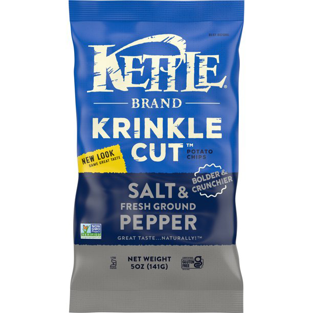 Kettle Krinkle Cut Salt and Fresh Ground Pepper snack bags, crunchy confectionery snacks with seasoned flavoring.