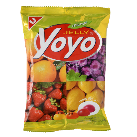Assorted Yoyo Jelly confectionery snacks in colorful, glossy jelly pieces in a clear bowl.
