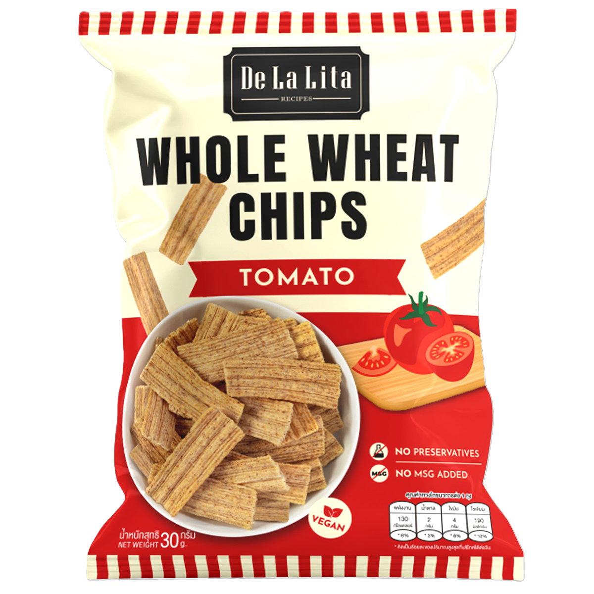 De La Lita Whole Wheat Chips Tomato, healthy confectionery snack with crispy whole wheat chips flavored with tomato.