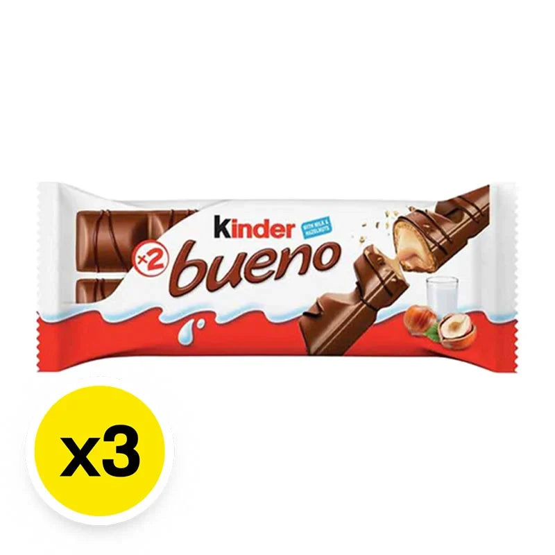 Kinder Bueno chocolate snack bar in 129g package, featuring crispy wafer and creamy milk chocolate coating.