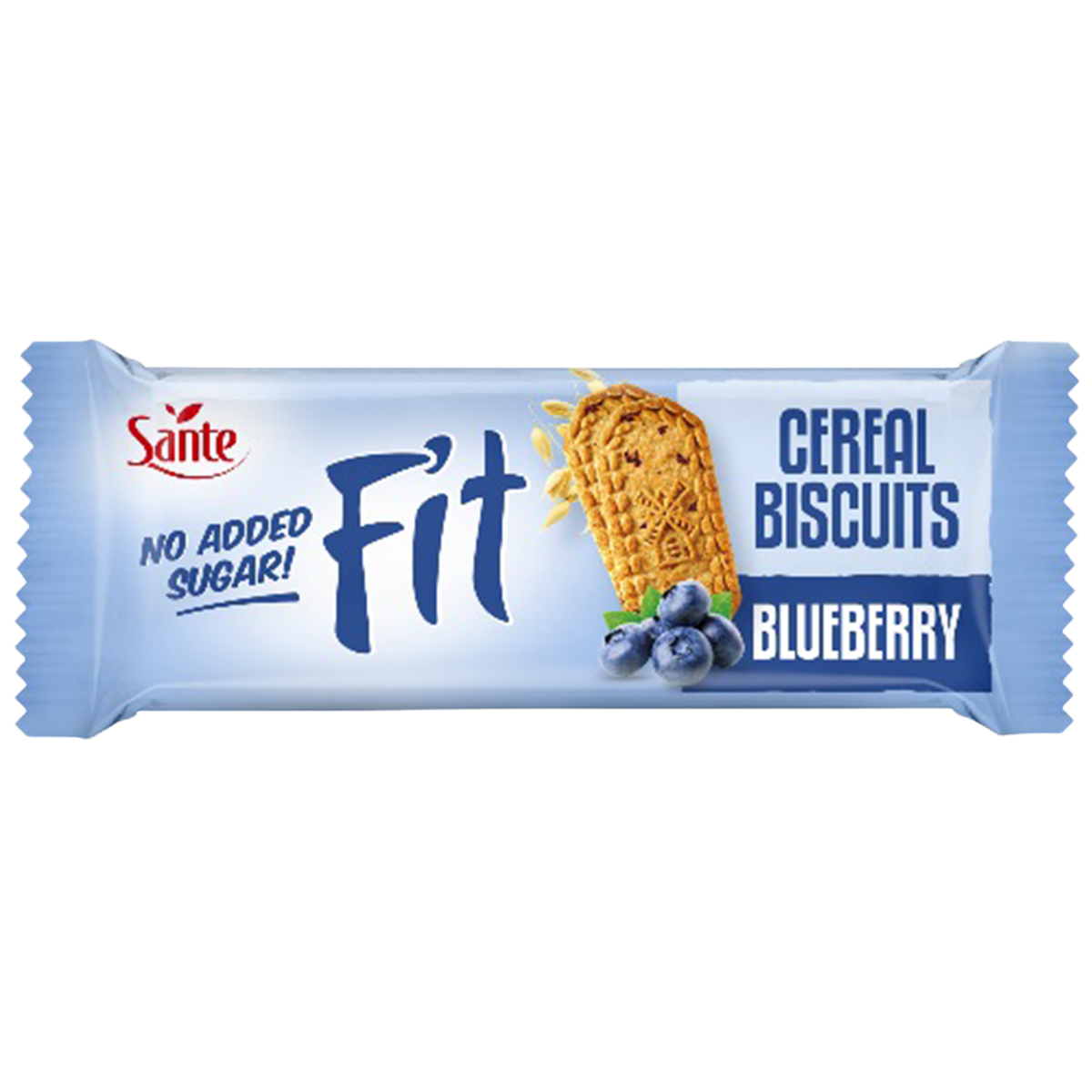 Sante Cereal Biscuits Blueberry, crunchy blueberry-flavored confectionery snack in a clear package with biscuits visible inside.