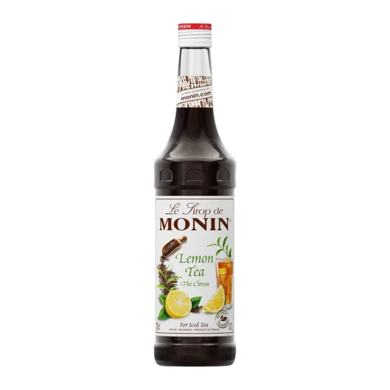 Bottle of MONIN Lemon Tea Syrup 700ml for making lemon tea beverages, with a vibrant lemon and tea leaf design on the label.