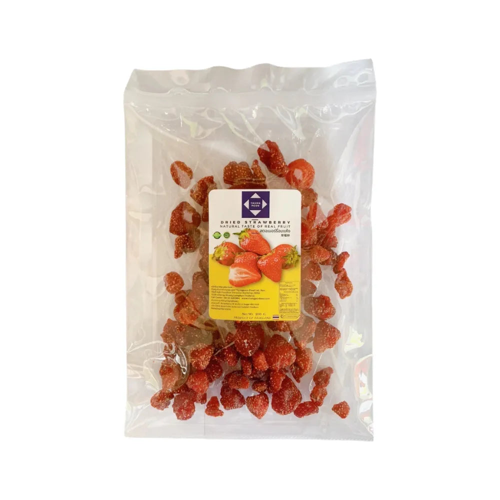 Dried strawberries in a 200g package from Thong Poon, natural dried strawberry snack for dry grocery shopping.