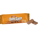 Arnott's Tim Tam Chewy Caramel confectionery snack with chocolate coating and caramel filling, showing the snack bar on a white background.