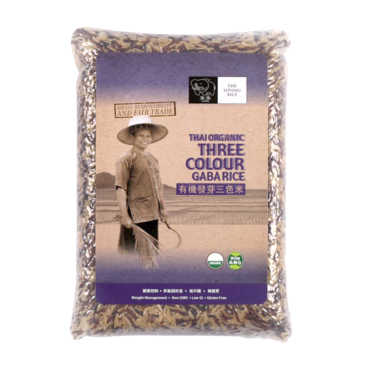 Chang Thai Organic Three Colour Gaba Rice in a package, showcasing vibrant multicolored grains for healthy grocery options.