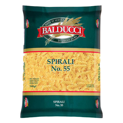 Balducci Spirali pasta in a grocery bag, showing the coiled shape of the pasta with the Balducci brand label visible.