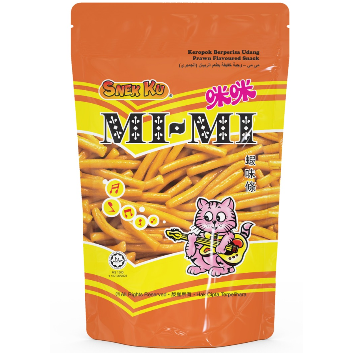 Snek Ku Mimi Prawn Flavored Snacks in colorful packaging, showcasing crispy confectionery prawn-flavored snacks.