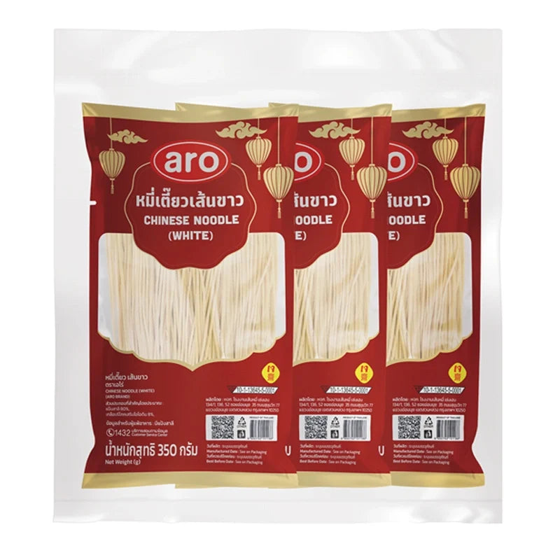 Aro White Noodles 350g dry grocery product in a clear plastic bag with white noodles visible inside.