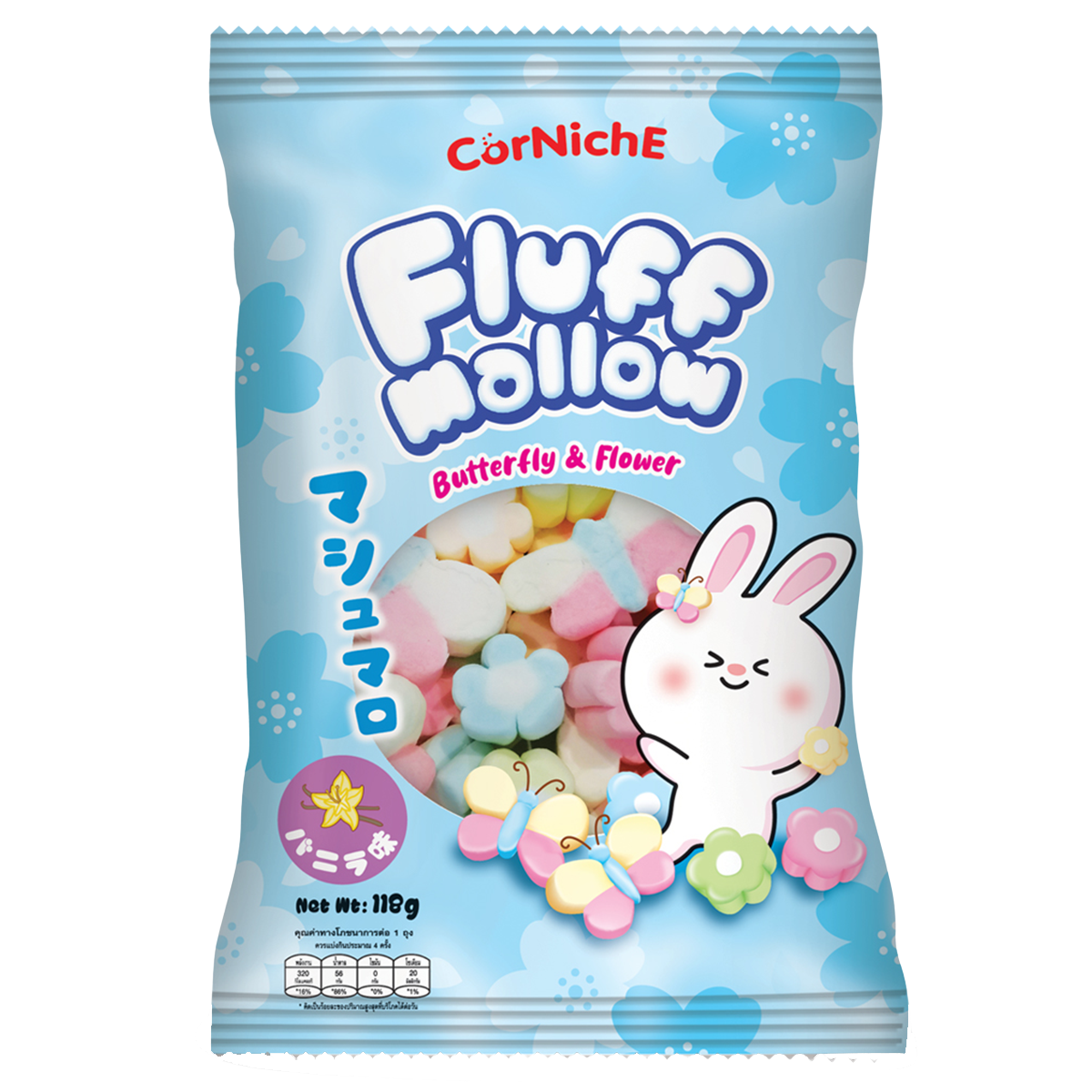 Colorful Corniche Fluffmallow butterfly and flower confectionery snacks with pastel hues and soft, fluffy textures.