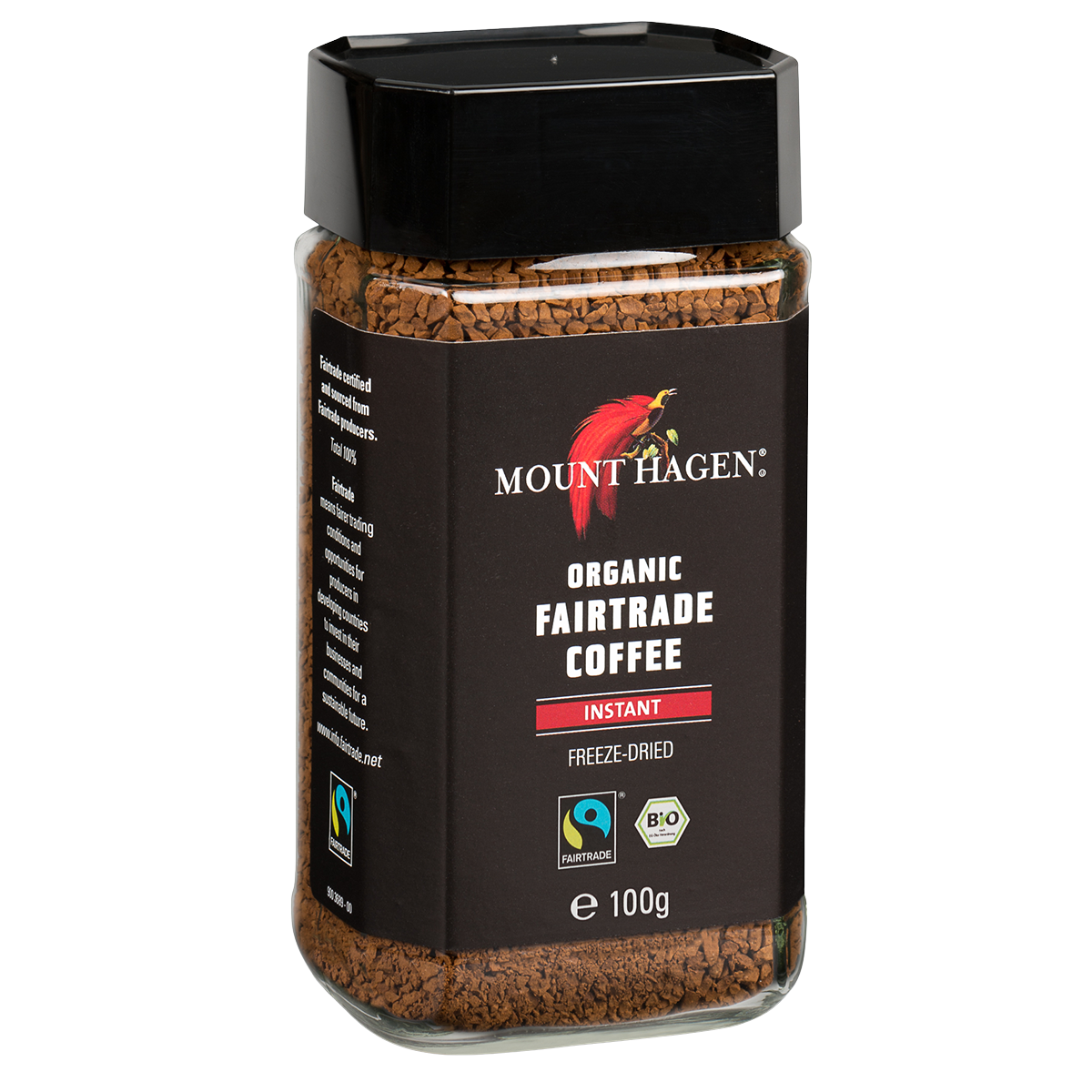 Mount Hagen Organic Fairtrade Instant Coffee drink in a cup, showcasing rich coffee color and packaging.