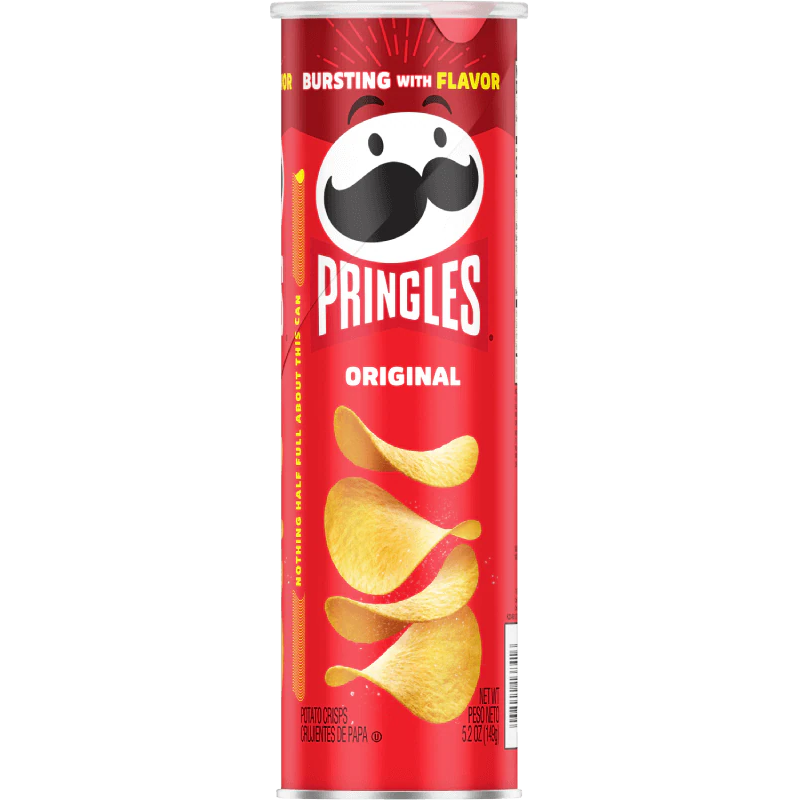Pringles Original Potato Crisps in a can, showing stacked, crispy snack chips with a golden-brown appearance.
