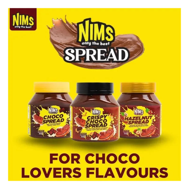 Nims Chocolate Spread jar showing smooth chocolate spread with a spoon, ideal for breakfast or snacks.