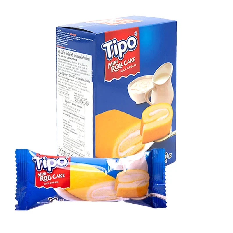Tipo Mini Roll Cake Milk 20g snack in packaging, a small dry grocery confectionery with a mini roll cake flavor.