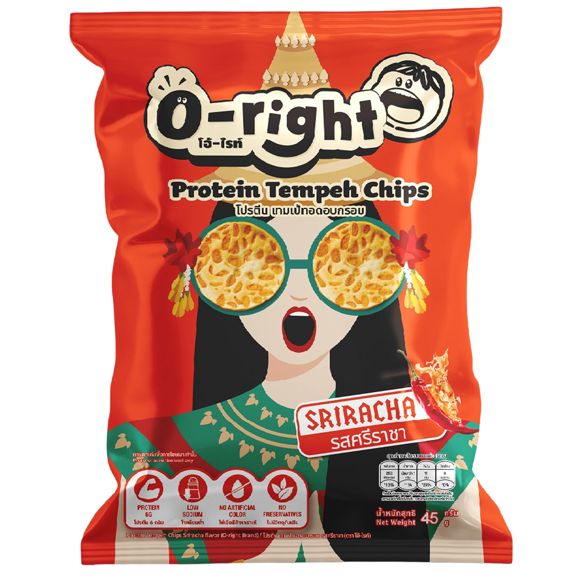 O-Right Protein Tempeh Chips Sriracha, confectionery snack with spicy Sriracha flavor, featuring crispy tempeh pieces in vibrant packaging.