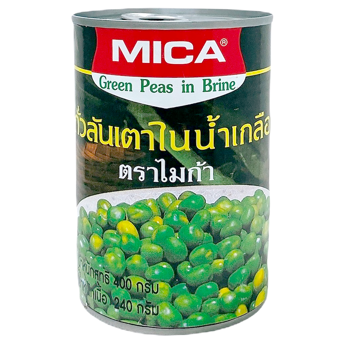 Canned Mica Green Peas in brine, showing a bowl of bright green peas with a can in the background in a grocery setting