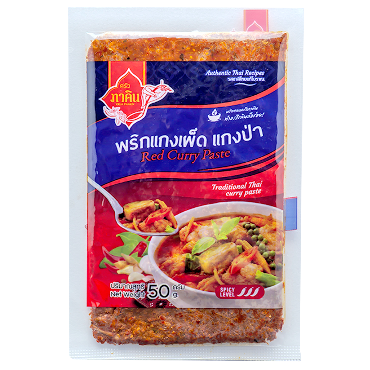 Kruaphakhin Red Curry Paste in a jar, featuring vibrant red color and traditional Thai ingredients for cooking flavorful curry.