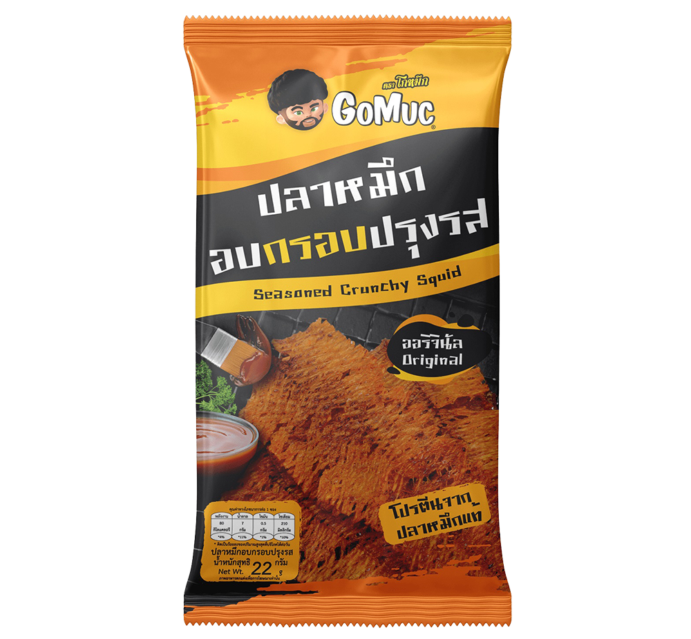 Gomuc Seasoned Crunchy Squid snack in colorful packaging, showcasing the crispy, seasoned squid pieces inside.