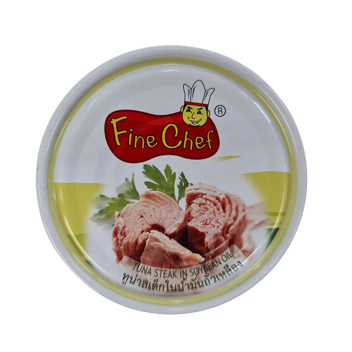 Canned Fine Chef Tuna Steak in soybean oil, ready to eat, with a label showing product details and branding.