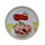 Canned Fine Chef Tuna Steak in soybean oil, ready to eat, with a label showing product details and branding.