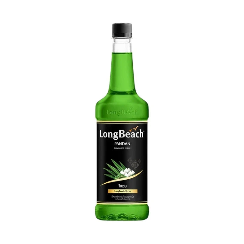 LongBeach Pandan Syrup bottle from dry grocery aisle, showcasing the product label and packaging.