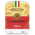 Armando Fusilli No.97 pasta in a clear bowl, showcasing its spiral shape and golden color, ideal for Italian dishes.