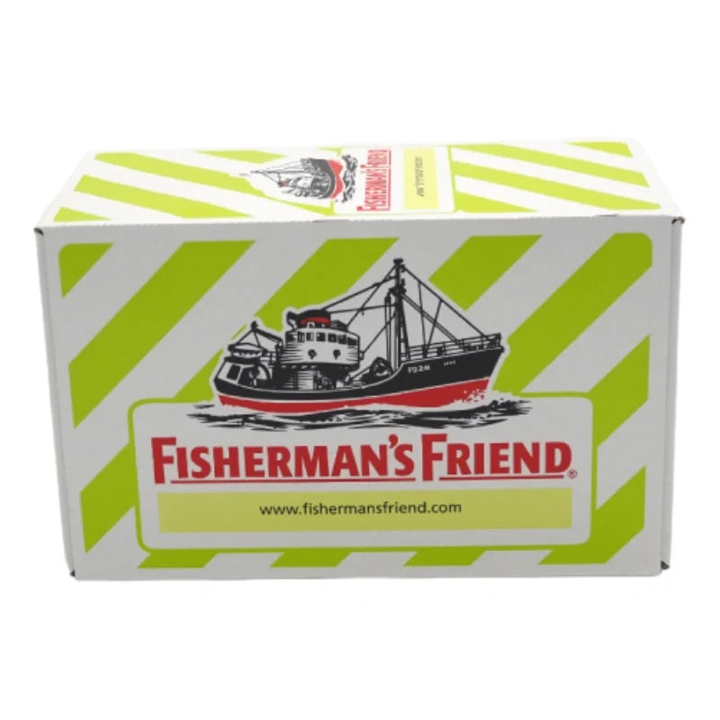 Fisherman's Friend Sugar Free Citrus lozenges in a clear wrapper, showcasing bright citrus flavor and branding on the package.