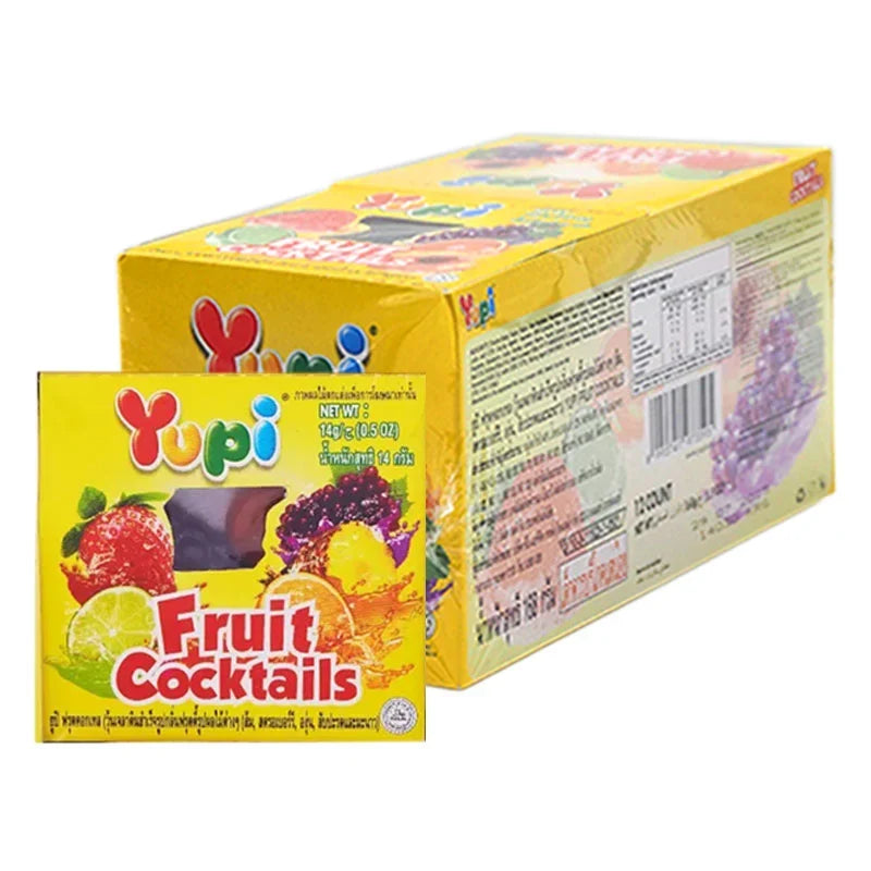 YUPI Yupi Fruit Cocktails 14g snack pack, colorful dried fruit candies in a clear bag, ideal for dry grocery and confectionery.