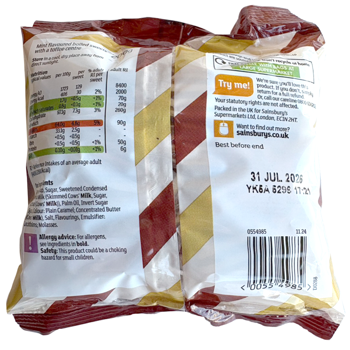 Sainsbury's Mint Humbugs confectionery snacks featuring individually wrapped mint-flavored caramel candies in a clear bag.