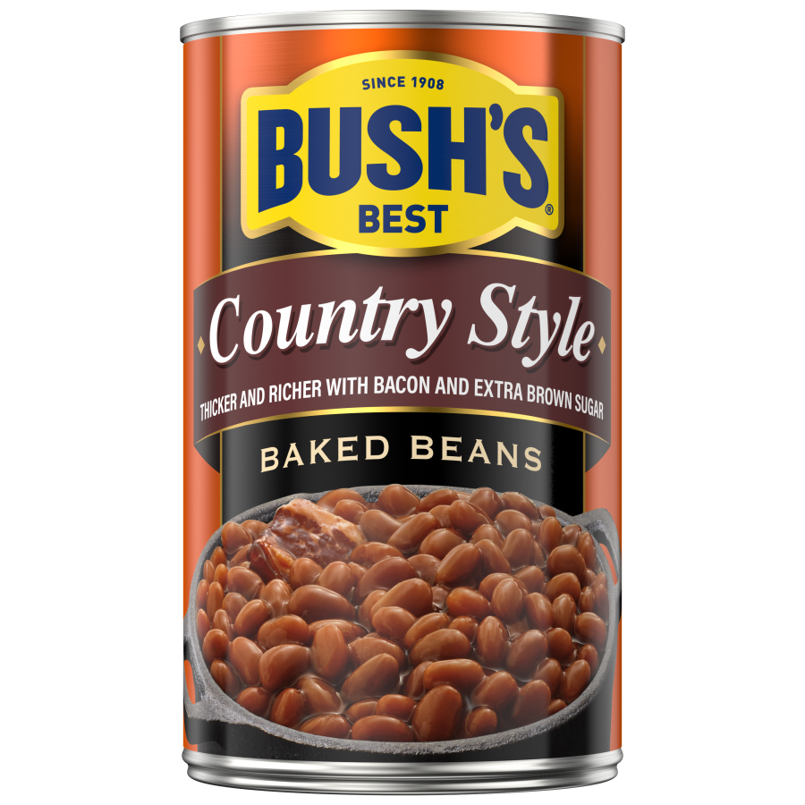 Bush's Best Baked Beans Country Style in a can, showing the label with baked beans and country style branding.
