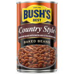 Bush's Best Baked Beans Country Style in a can, showing the label with baked beans and country style branding.