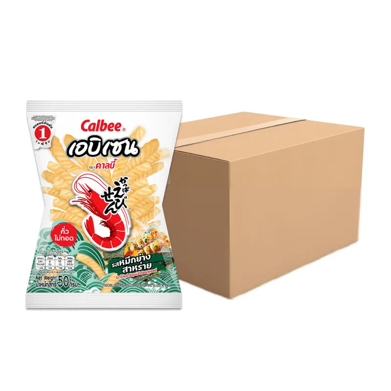 Calbee grilled squid seaweed flavored snack, dry grocery, 50g bag with crispy squid pieces and seaweed seasoning.