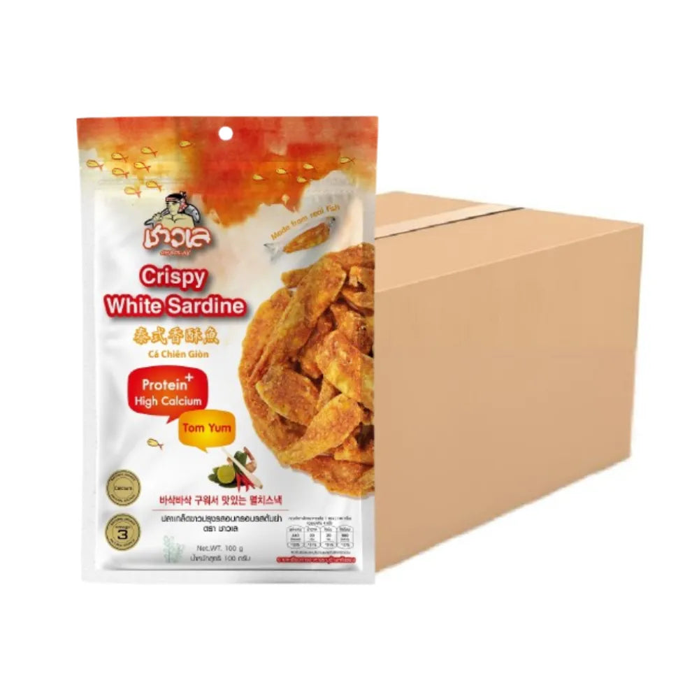 Chaolay Crispy White Sardine snack pack, 100g x24, showcasing individually wrapped white sardine snack pieces in a colorful package.