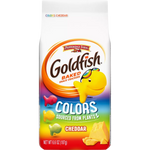 Pepperidge Farm Goldfish Colors Cheddar snack crackers with colorful cheese-flavored fish-shaped pieces in a clear bowl.