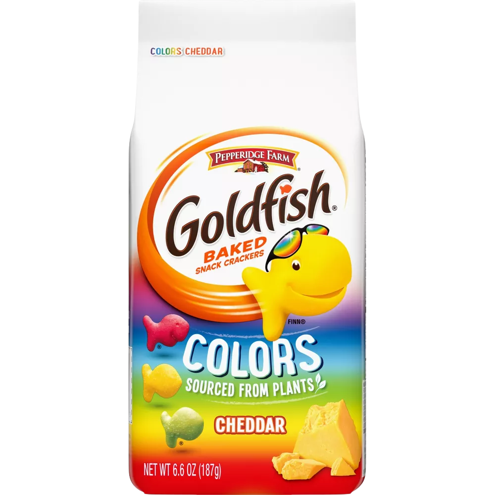 Pepperidge Farm Goldfish Colors Cheddar snack crackers with colorful cheese-flavored fish-shaped pieces in a clear bowl.