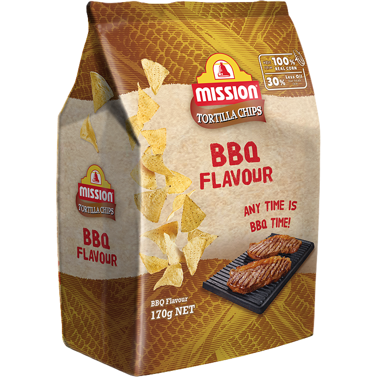 Mission BBQ flavored tortilla chips, crispy snack with bold smoky barbecue seasoning, ideal for snacking or dipping.