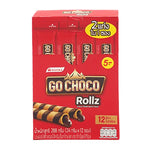 GO Choco Rollz Twin 24g snack pack featuring chocolate-filled wafer rolls from GO CHOCO, displayed in a close-up image.