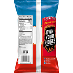 Ruffles Flamin Hot flavored chips in a bag, spicy confectionery snack with ruffled texture, bright red packaging.